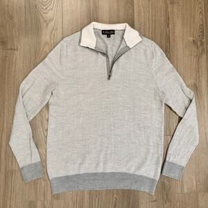 Brooks Brothers 1/4 Zip Merino Wool Sweater Gray Herringbone Slim Mens Large